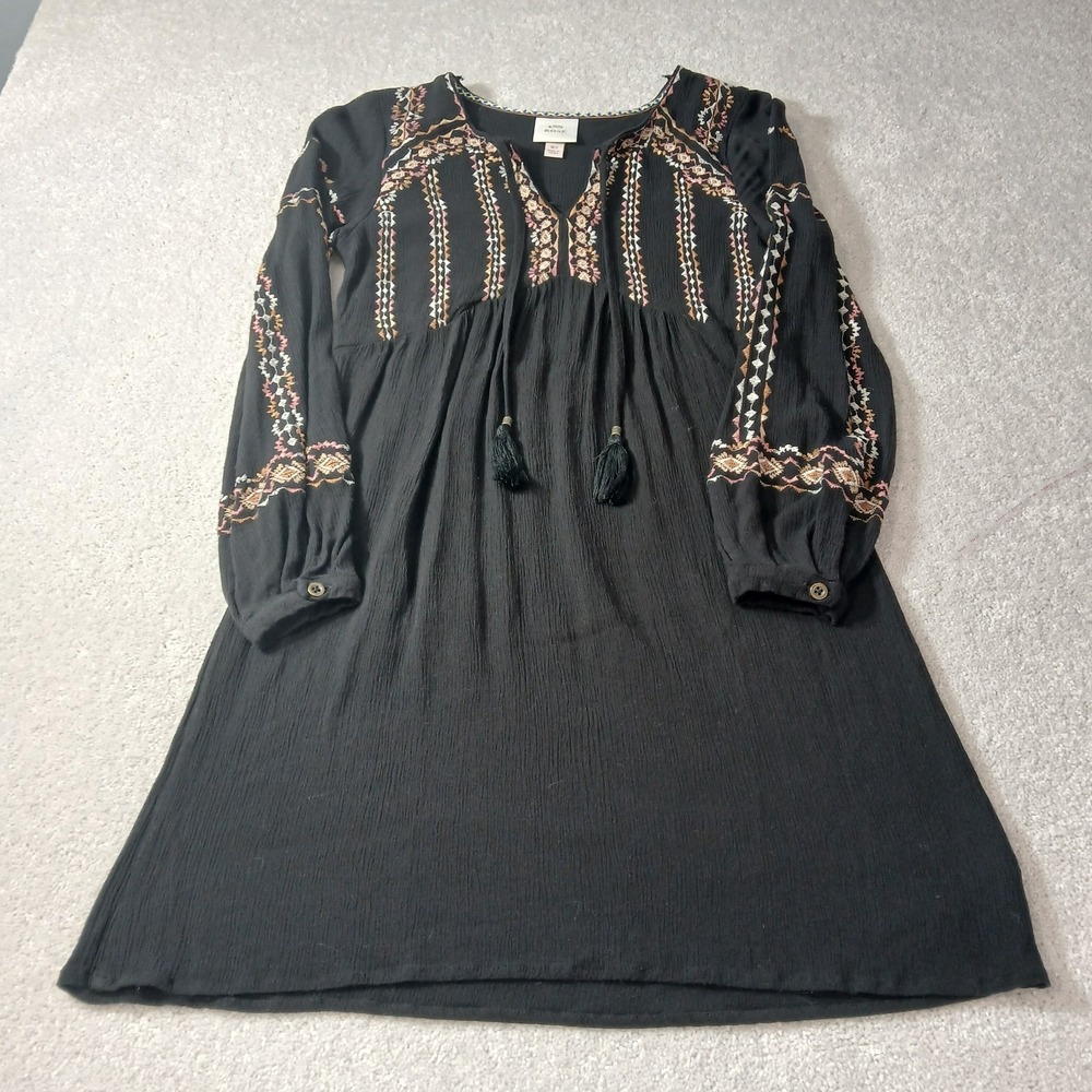 Knox Rose Womens Black Dress XS Long Sleeve Embroidered Tassel Tie Crinkle Boho